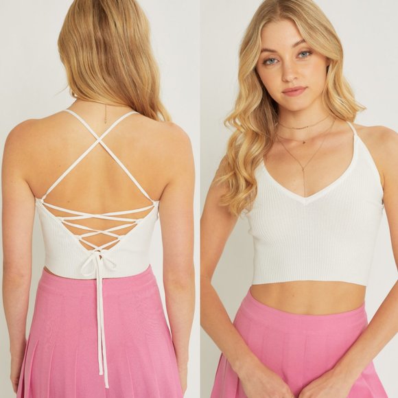 NEW White Halter V Neck Sexy Laced Up Open Back Stretchy Rib Knit Crop Top - Picture 2 of 10